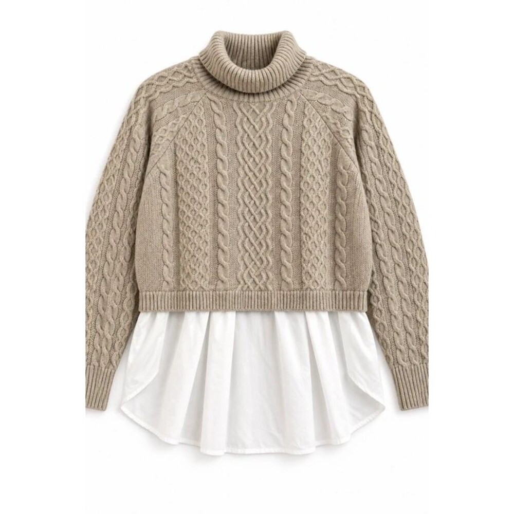 Anthropologie 90s Preppy Cable Knit Twofer Layered Turtleneck Sweater Size L